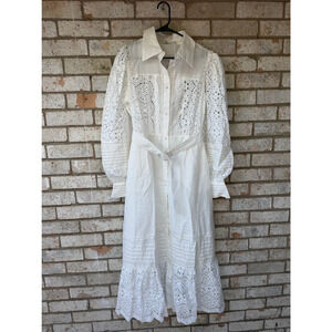 White Eyelet Button-Front Midi Dress with Tie Waist